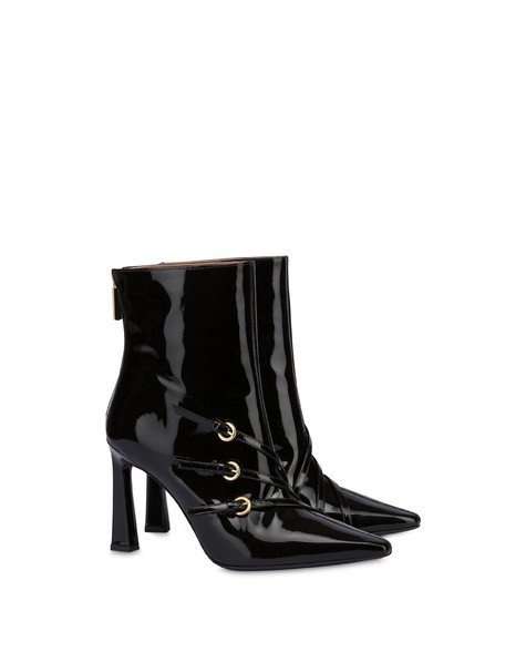 Bi-buckle Patent Ankle Boots Black