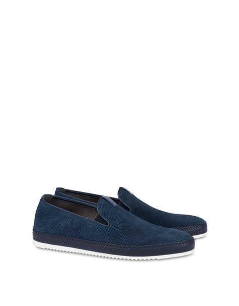 Mocassini Slip On In Crosta Microforata Foxing Blu