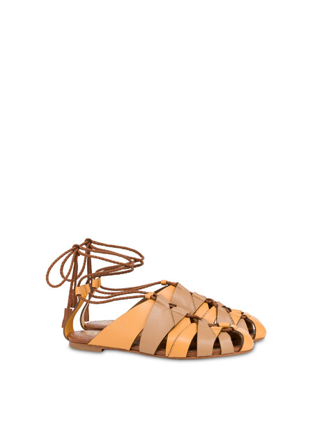 Sandalo Flat Wave In Vitello Mostarda/mocha Mousse/cuoio