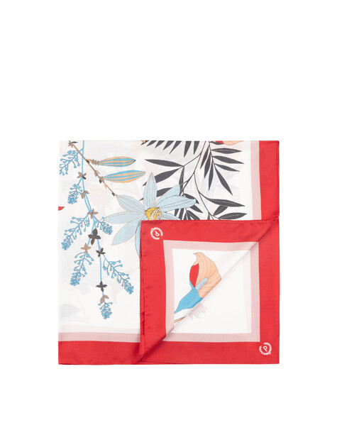 Foulard In Seta Con Stampa Di Rami Di Fiori Rosso